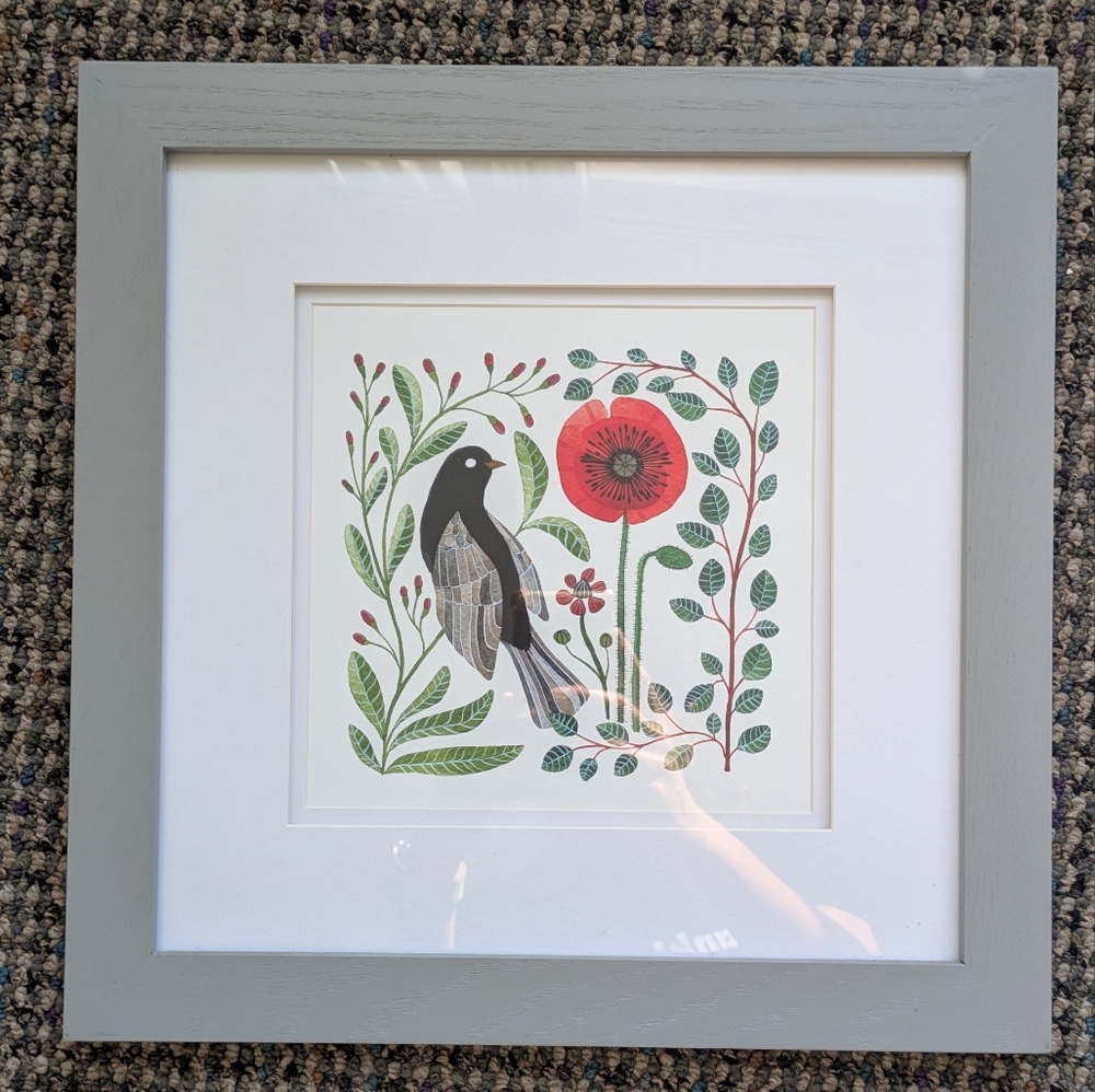 Framed Bird & Floral Art Print in Gray Frame